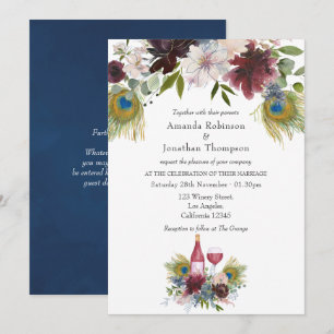 Invitación Boda con tema de vino de pavo real burgundy y navy