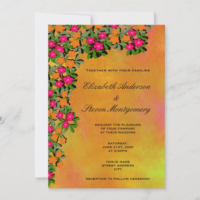 Invitación Boda con tema floral rosa y Naranja (Anverso)