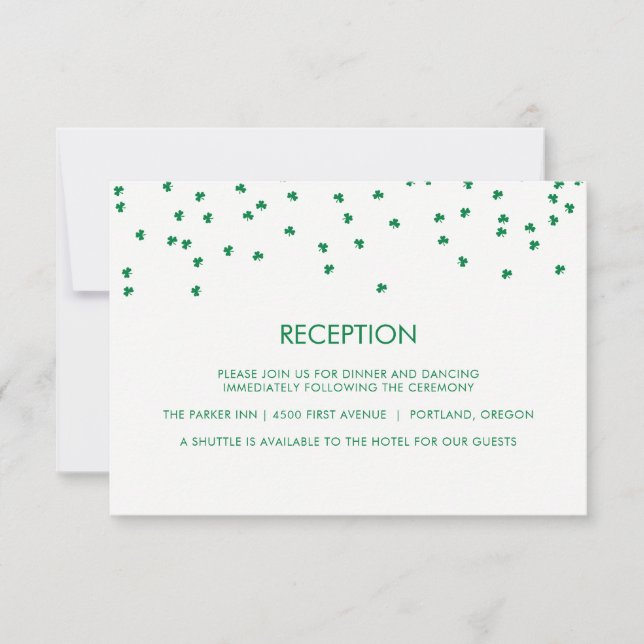 Invitación Boda con tema irlandés, confeti de trébol | Recepc (Anverso)