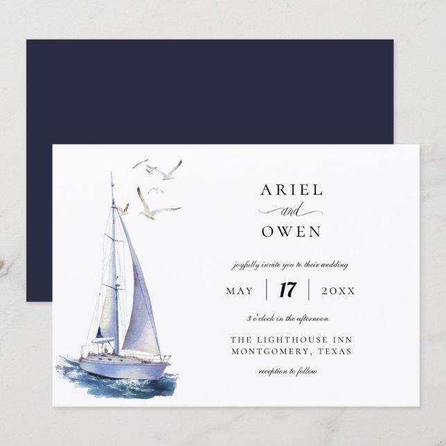 Invitación Boda con tema náutico de yate acuarela (Anverso / Reverso)