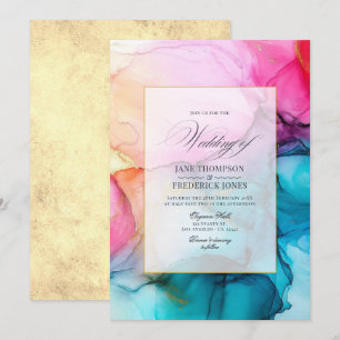 Invitación Boda con Tinta Alcohólica Rosa Fucsia, Azul y Dora