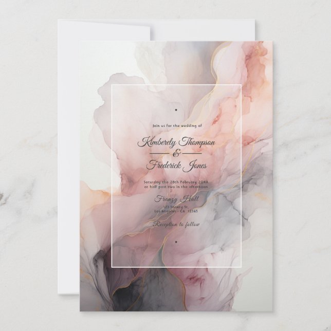 Invitación Boda con Tinta Rosa Polvorienta, Gris y Plata (Anverso)