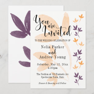 Invitación Boda con tipografía bonita de hojas de naranja y c