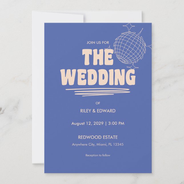 Invitación Boda con tipografía negrita azul y beige retro (Anverso)