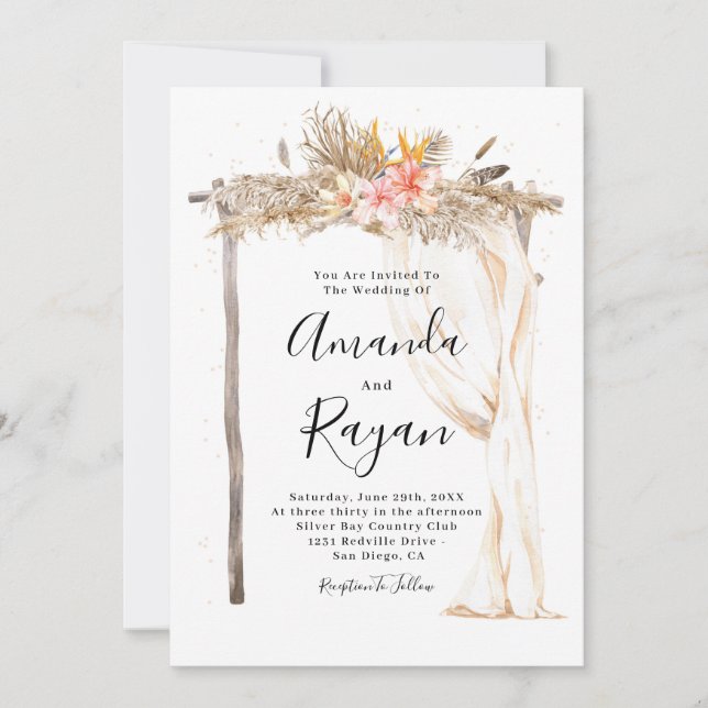 Invitación Boda con toldo de flores boho elegantes (Anverso)