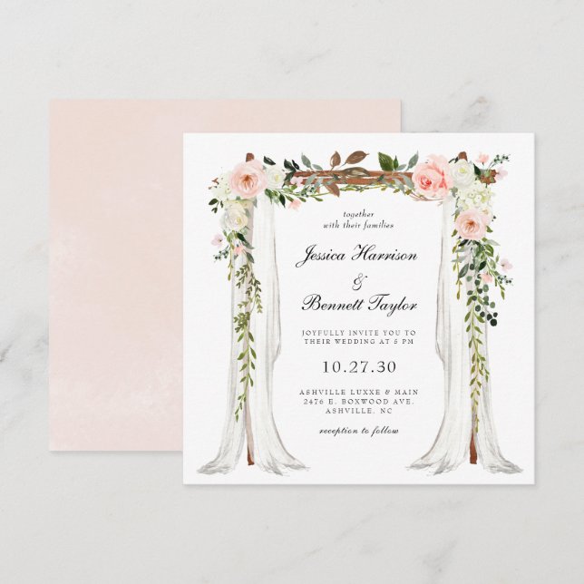 Invitación Boda con toldo floral rosado (Anverso / Reverso)