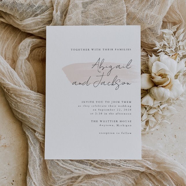 Invitación Boda con trazos de pincel rosa Simple (A simple, modern invitation for a wedding with a blush pink color palette.)