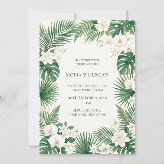 Invitación Boda con vegetación de palmeras tropicales (Anverso)