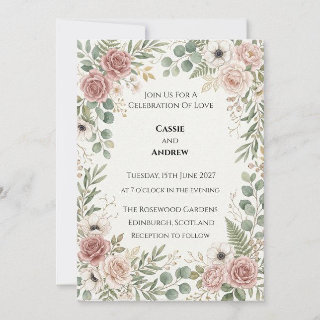 Invitación Boda con vegetación sonrosada (Anverso)