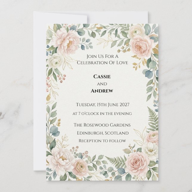 Invitación Boda con vegetación sonrosada (Anverso)