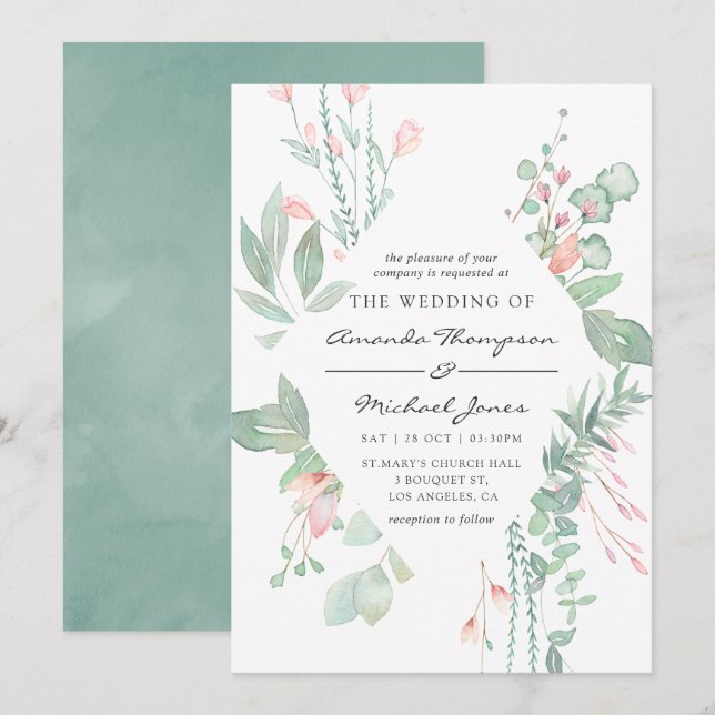 Invitación Boda con Verde y Rosa Pastel (Anverso / Reverso)