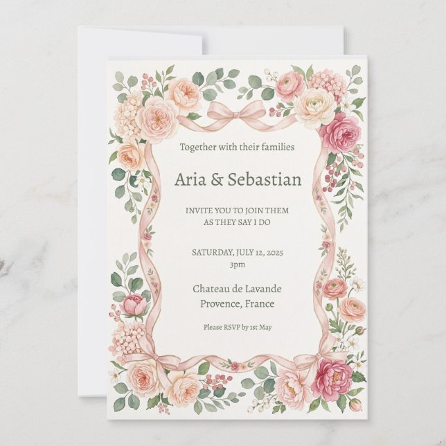 Invitación Boda con Verde y Rosa Rubor (Anverso)
