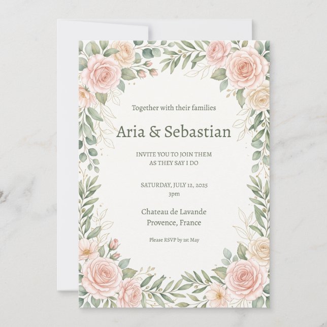 Invitación Boda con Verde y Rosa Rubor (Anverso)