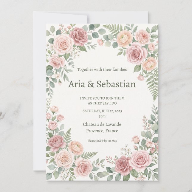 Invitación Boda con Verde y Rosas Rosadas (Anverso)