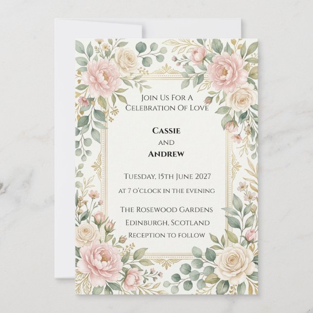 Invitación Boda con Verde y Rosas Rosadas (Anverso)