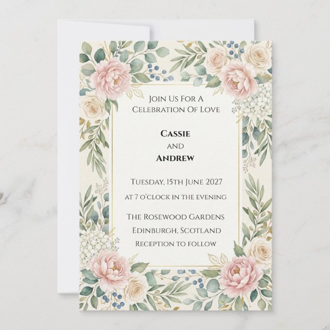 Invitación Boda con Verde y Rosas Rosadas (Anverso)