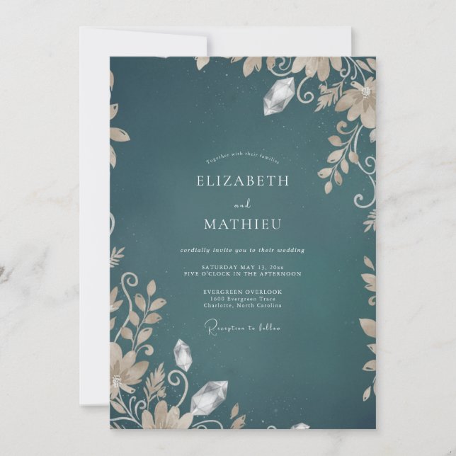 Invitación Boda con Vid Verde Teal Oscuro (Anverso)