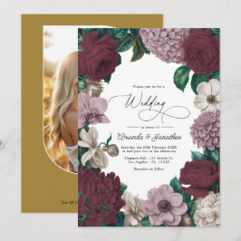 Invitación Boda con vino de Burdeos, humo malva y beige tul