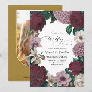 Invitación Boda con vino de Burdeos, humo malva y beige tul