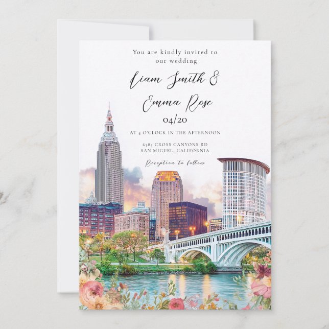Invitación Boda con vista al cielo de Cleveland Ohio (Anverso)