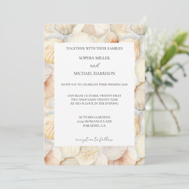 Invitación Boda Conchas de Mar Crema Marfil Playa (Anverso de pie)