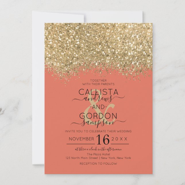 Invitación Boda Confeti Brillante Terracota Dorado de Lujo (Anverso)
