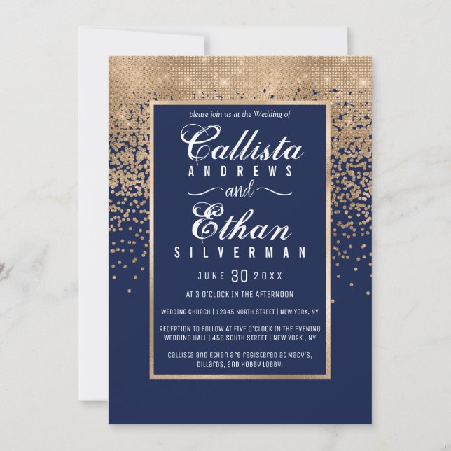 Invitación Boda Confetti Purpurina de oro azul de la Marina d (Anverso)