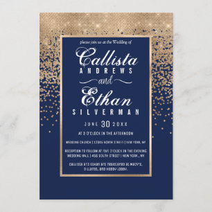 Invitación Boda Confetti Purpurina de oro azul de la Marina d