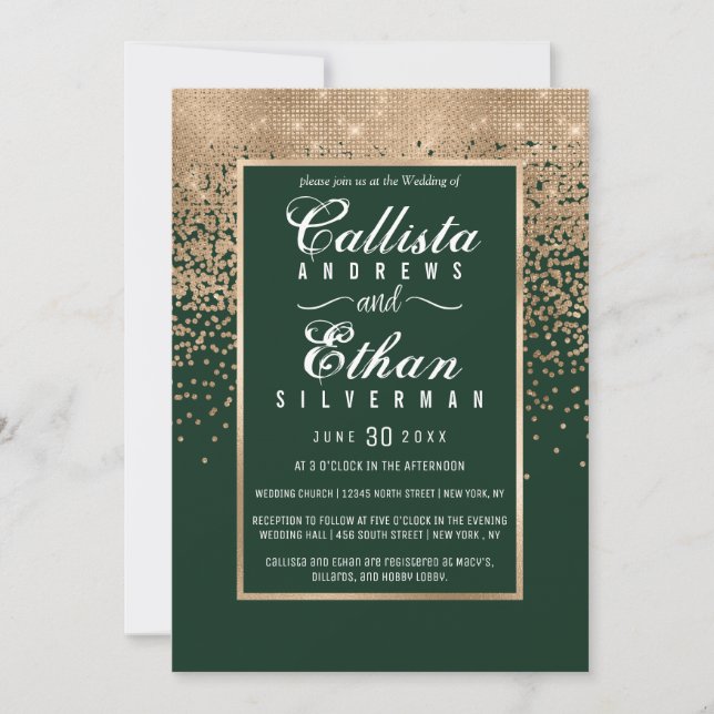 Invitación Boda Confetti Purpurina de Oro Verde Forestal moda (Anverso)