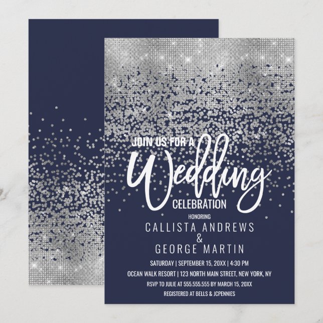 Invitación Boda Confetti Purpurina de plata azul de la Marina (Anverso / Reverso)