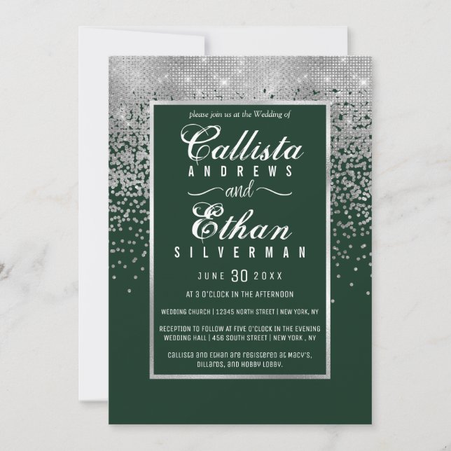 Invitación Boda Confetti Purpurina de Plata Verde Forestal de (Anverso)