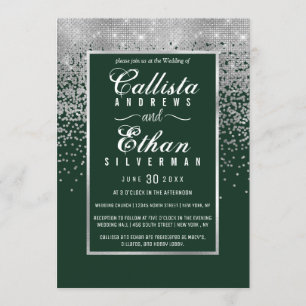 Invitación Boda Confetti Purpurina de Plata Verde Forestal de