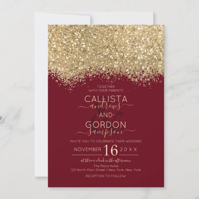 Invitación Boda Confetti Purpurina Rojo de Lujo Moderno (Anverso)