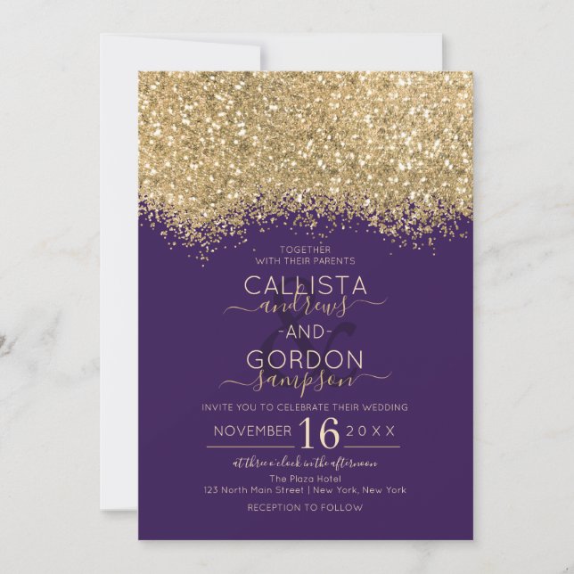 Invitación Boda Confetti Purpurina Violeta de Oro de Lujo Mod (Anverso)