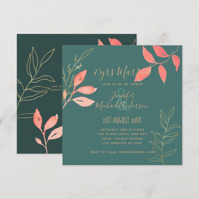 Invitación Boda contemporáneo ANIVERSARIO Coral Turquoise (Anverso / Reverso)