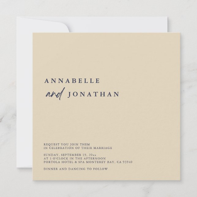 Invitación Boda contemporáneo azul de la Marina Beige Moderna (Anverso)