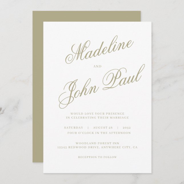 Invitación Boda contemporáneo de caligrafía verde sabana (Anverso / Reverso)