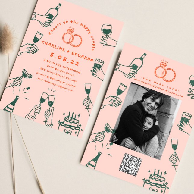 Invitación Boda contemporáneo de código Qrcode con dibujos a  (Subido por el creador)