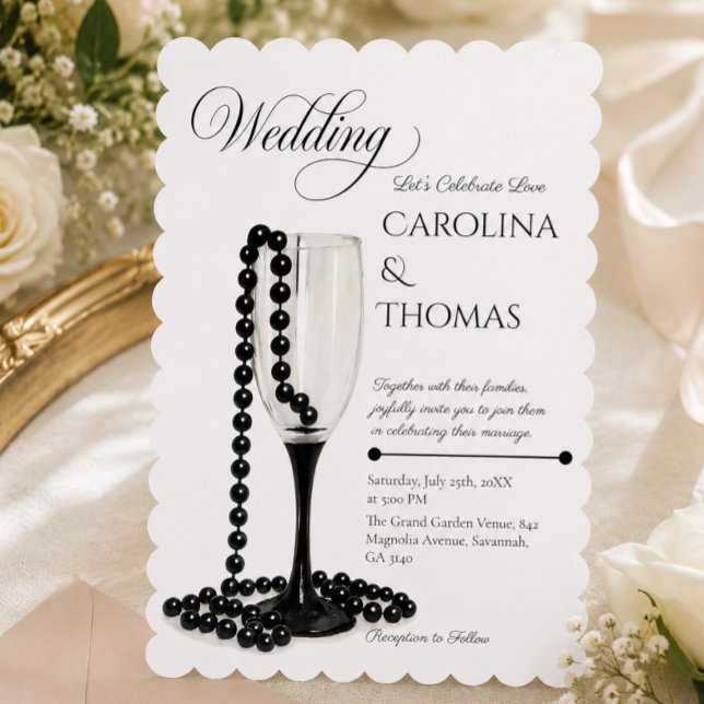 Invitación Boda Copa de Champán Perla Negra y Blanca (Subido por el creador)