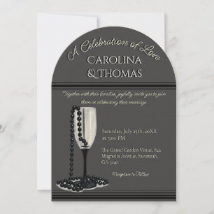 Invitación Boda Copa de Champán Perla Negra y Blanca