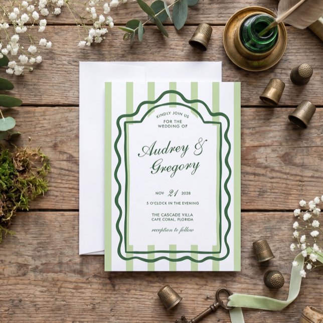 Invitación Boda Coquette Minimalista Verde (Green Wavy Frame Wedding Invitation)