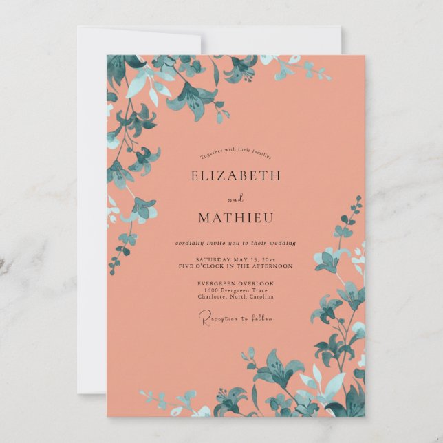 Invitación Boda Coral Acuática Frondosa (Anverso)