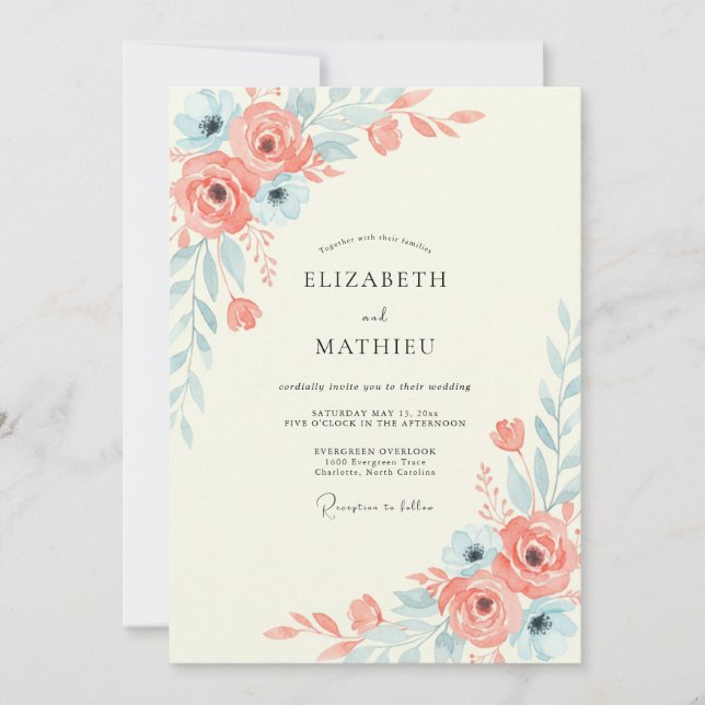 Invitación Boda Coral Aqua Blossom (Anverso)