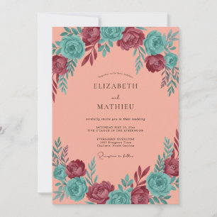 Invitación Boda Coral Aqua Granate Flor