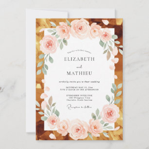 Invitación Boda Coral Champagne Hoja Dorada
