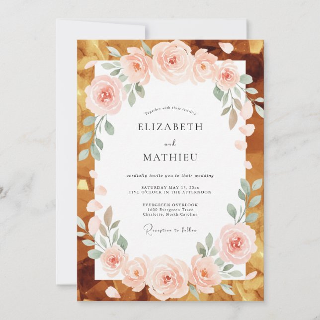 Invitación Boda Coral Champagne Hoja Dorada (Anverso)