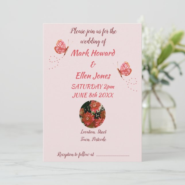Invitación Boda Coral de Flores de Mariposa (Anverso de pie)