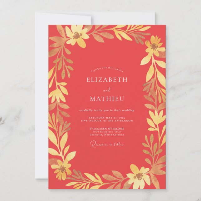 Invitación Boda Coral Gold Leafy (Anverso)