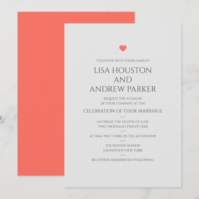 Invitación Boda Coral Heart (Anverso / Reverso)