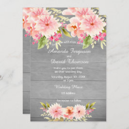 Invitación Boda coral melocotón dahlia flor pared rústica